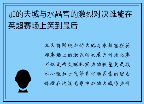 加的夫城与水晶宫的激烈对决谁能在英超赛场上笑到最后