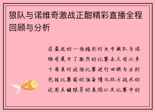 狼队与诺维奇激战正酣精彩直播全程回顾与分析
