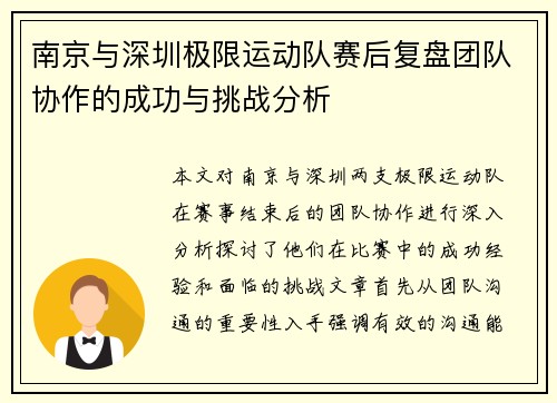 南京与深圳极限运动队赛后复盘团队协作的成功与挑战分析