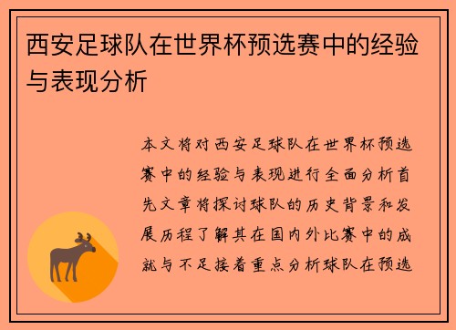 西安足球队在世界杯预选赛中的经验与表现分析
