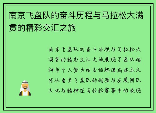 南京飞盘队的奋斗历程与马拉松大满贯的精彩交汇之旅