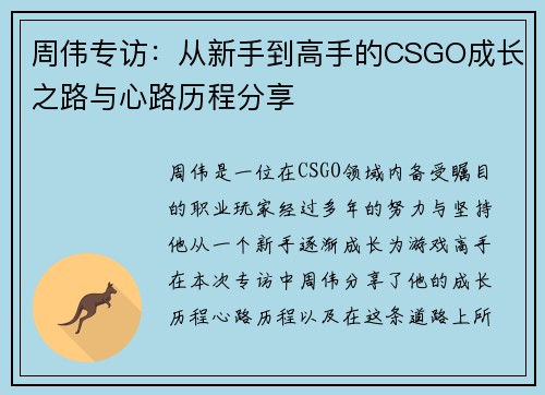 周伟专访：从新手到高手的CSGO成长之路与心路历程分享