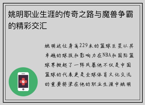 姚明职业生涯的传奇之路与魔兽争霸的精彩交汇