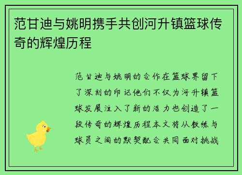 范甘迪与姚明携手共创河升镇篮球传奇的辉煌历程