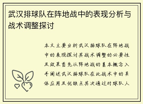 武汉排球队在阵地战中的表现分析与战术调整探讨